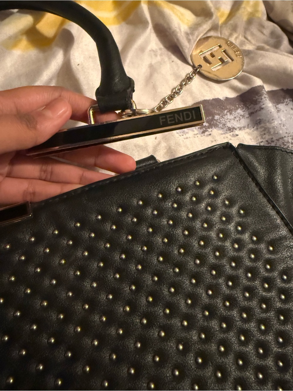 Fendi Black Leather Studded Tote with Gold Charm - Picture 10 of 11